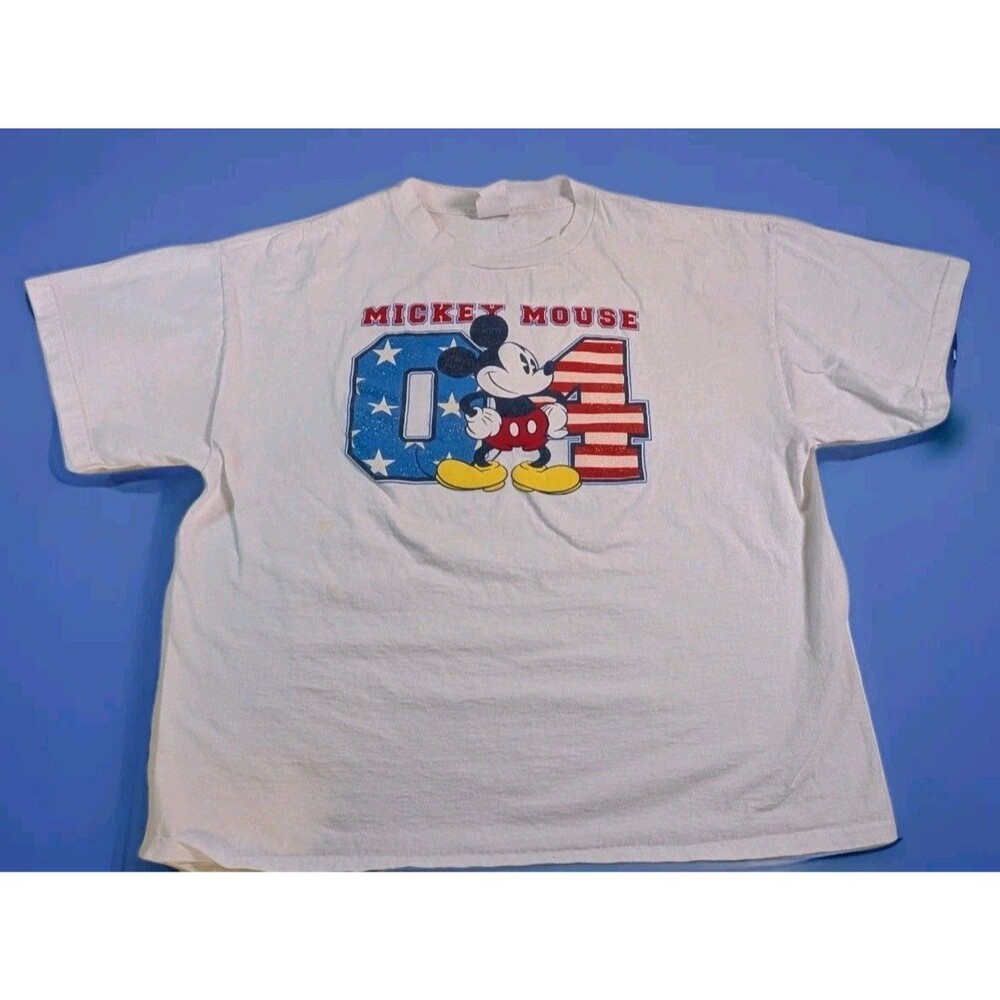 DISNEY VTG 2004 Mickey "04" Womens Size XL white American Flag Shirt Blue Tag